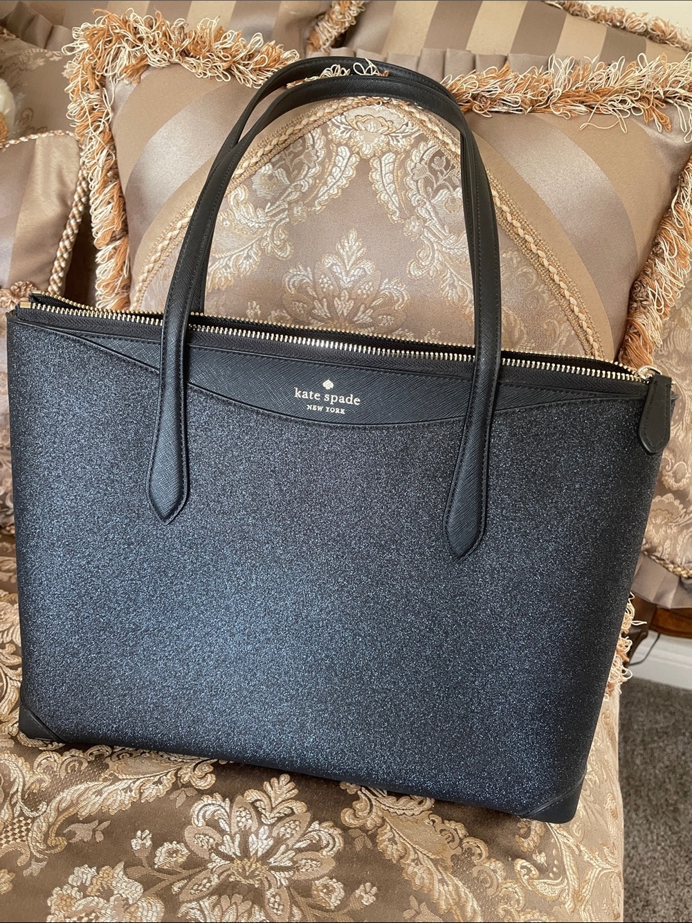 kate spade Black Sparkle Tote Bag with Top Zip